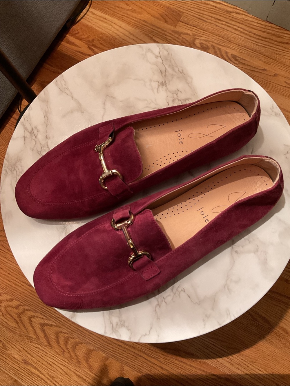 Joie Women’s Burgundy Suede Horsebit Loafers with Gold Hardware